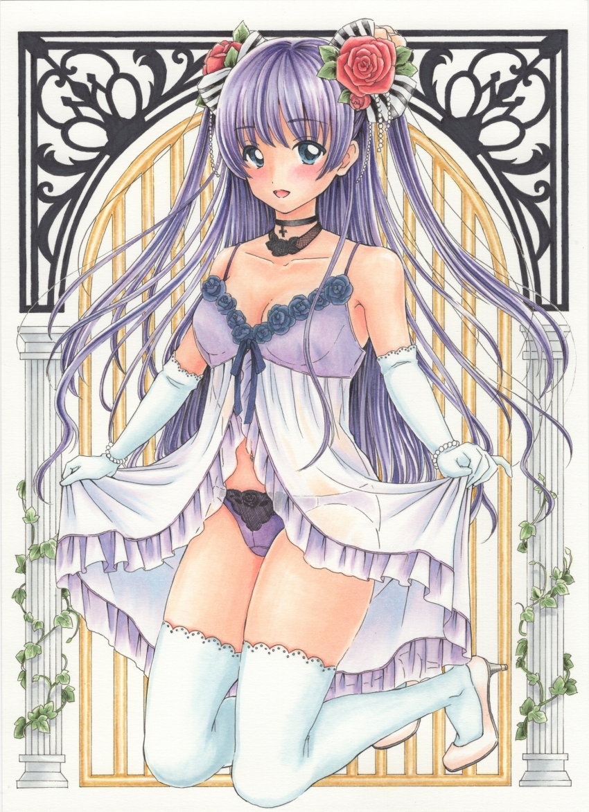 1girl absurdres aqua_eyes babydoll black_choker blush choker collarbone commentary_request crotch_seam elbow_gloves flower full_body gloves hair_flower hair_ornament highres kneeling lingerie long_hair looking_at_viewer marker_(medium) midori_(mira567) navel no_shoes open_mouth original panties purple_babydoll purple_hair purple_panties red_flower red_rose rose smile solo spaghetti_strap straight_hair thighhighs traditional_media two_side_up underwear very_long_hair white_gloves white_thighhighs wispy_bangs
