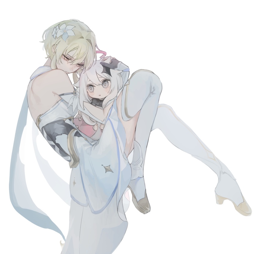 2girls blonde_hair boots closed_mouth detached_sleeves dress flower full_body genshin_impact grey_eyes hair_flower hair_ornament halo highres kaimochi0839 looking_at_viewer looking_to_the_side lumine_(genshin_impact) multiple_girls paimon_(genshin_impact) scarf white_background white_dress white_flower white_footwear white_hair white_scarf white_sleeves yellow_eyes