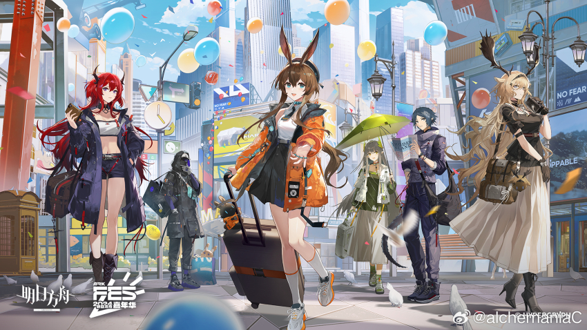 1boy 1other 4girls alchemaniac alternate_costume amiya_(arknights) animal_ears antlers arknights artist_name bag balloon bird black_coat black_footwear black_jacket black_shorts black_skirt blonde_hair blue_coat blue_eyes blue_hair blurry blurry_foreground boots bracelet brown_hair building chinese_commentary choker clock cloud coat confetti copyright_name deer_antlers deer_ears deer_girl demon_girl demon_horns doctor_(arknights) dragon_boy duffel_bag elf gloves green_hair green_shirt green_umbrella hand_in_pocket handbag high-waist_skirt high_heel_boots high_heels highres holding holding_bag holding_suitcase holding_umbrella hood hood_up hooded_coat hooded_jacket horns jacket jewelry lamppost laurel_crown laurels long_hair long_skirt looking_at_viewer midriff mole mole_under_eye muelsyse_(arknights) multiple_girls multiple_rings navel necktie official_art open_clothes open_jacket orange_jacket outdoors outstretched_hand owl_ears pants pointy_ears purple_eyes rabbit_ears rabbit_girl red_hair ring road rolling_suitcase shirt shoes shopping_bag short_hair shorts sidelocks sign skirt sky skyscraper sleeveless sleeveless_shirt sneakers squatting standing steel_beam strapless street stuffed_animal stuffed_toy suitcase surtr_(arknights) thumb_ring tube_top umbrella viviana_(arknights) walking white_tube_top zuo_le_(arknights)
