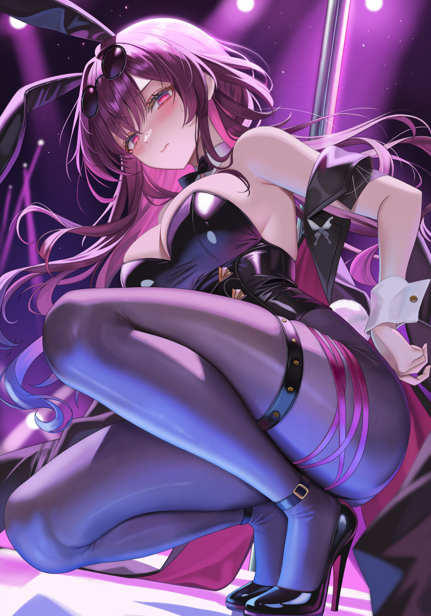 1girl absurdres alternate_costume animal_ears armpit_crease bare_shoulders black_bow black_bowtie black_leotard black_pantyhose black_shoes blush bow bowtie breasts cleavage closed_mouth collar commentary detached_collar eyewear_on_head fake_animal_ears fake_tail hair_between_eyes high_heels highres honkai:_star_rail honkai_(series) kafka_(honkai:_star_rail) koya_(koyacocoa) large_breasts legs leotard long_hair looking_at_viewer md5_mismatch pantyhose playboy_bunny pole purple_eyes purple_hair rabbit_ears rabbit_tail revision round_eyewear shoes solo squatting strapless strapless_leotard stripper_pole sunglasses sweatdrop tail thighs very_long_hair white_collar white_wrist_cuffs wrist_cuffs