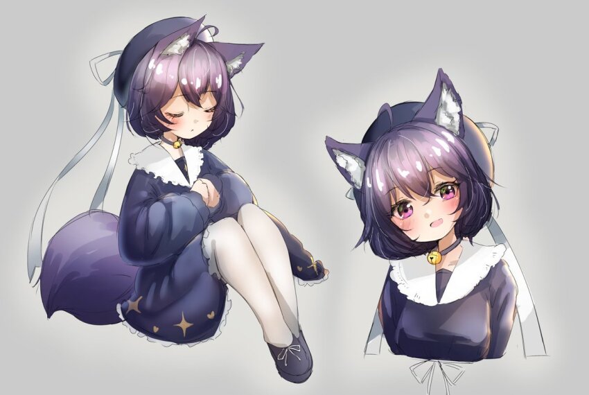 1girl :d ahoge animal_ear_fluff animal_ears bell beret black_dress black_shoes blue_dress blush choker closed_eyes collar dress fox_ears fox_girl fox_tail frills grey_background hair_between_eyes hat hat_ribbon head_tilt jingle_bell knees_up long_sleeves looking_at_viewer multiple_views neck_bell open_mouth own_hands_together pantyhose parted_lips puffy_long_sleeves puffy_sleeves purple_dress purple_eyes purple_hair ribbon shoes short_hair simple_background sitting six_box sleeping sleeves_past_wrists smile tail tien_(vrchat) vrchat white_pantyhose white_ribbon wolf_ears wolf_girl wolf_tail