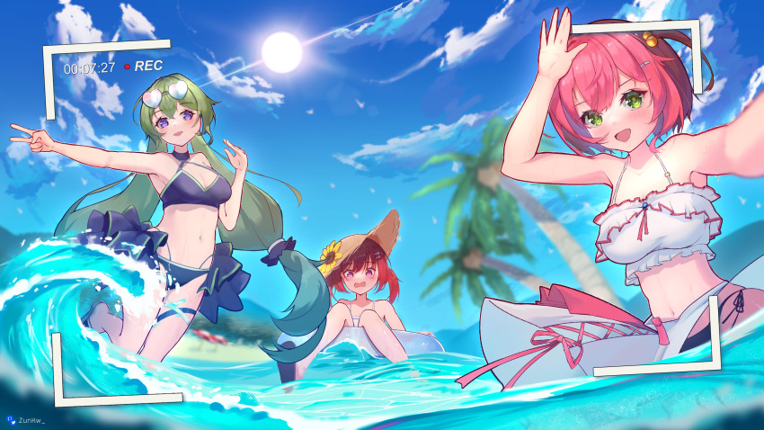 3girls aiko_(osu!) beach bikini black_bikini blush breasts cleavage embarrassed eyewear_on_head flower green_eyes green_hair hat heart heart-shaped_eyewear highres lens_flare long_hair looking_at_viewer low_twintails mocha_(osu!) multiple_girls ocean one_side_up open_mouth osu! palm_tree perspective pink_hair pippi_(osu!) purple_eyes red_hair short_twintails sky straw_hat summer sun sunflower sunglasses swim_ring swimsuit tree twintails very_long_hair viewfinder water white_bikini zunkw