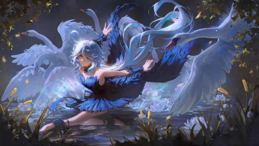 1girl ahoge alternate_costume bare_arms bare_shoulders bird blue_dress blue_eyes blue_hair cattail commentary dress furina_(genshin_impact) genshin_impact highres long_hair looking_at_viewer no_headwear plant solo strapless strapless_dress swan very_long_hair wrist_cuffs zieru