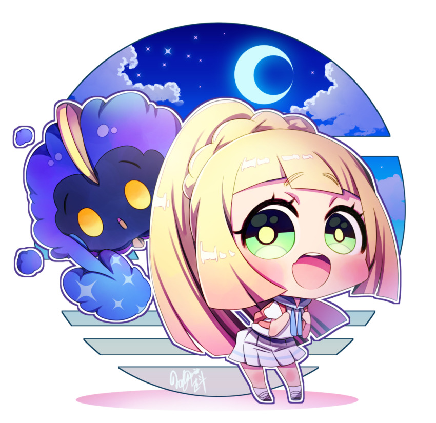 1girl bag blonde_hair blunt_bangs chibi cloud cloudy_sky cosmog crescent_moon deformed eyelashes gen_7_pokemon green_eyes high_ponytail holding holding_bag legendary_pokemon lillie_(pokemon) long_hair moon naoto_(yandereheaven) night night_sky nintendo open_mouth pink_bag pleated_skirt pokemon pokemon_(creature) pokemon_sm ponytail shirt skirt sky socks star_(sky) teeth upper_teeth_only white_shirt white_skirt white_socks
