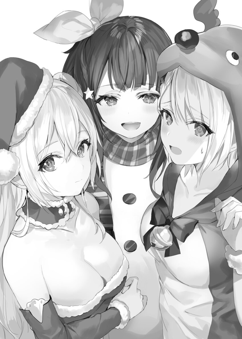 3girls :d animal_costume animal_hood bare_shoulders bell blush bow bowtie breasts cleavage closed_mouth collarbone commentary_request detached_collar detached_sleeves double_bun dress frown fur-trimmed_collar fur-trimmed_dress fur-trimmed_sleeves fur_trim fur_wrist_cuffs greyscale hair_between_eyes hair_bun hair_ornament hair_ribbon hand_up hat highres hood hood_up jingle_bell large_breasts long_hair looking_at_viewer looking_to_the_side momoko_(momopoco) monochrome multiple_girls novel_illustration official_art open_mouth oshiego_ni_kyouhaku_sareru_no_wa_hanzai_desu_ka? reindeer_costume reindeer_hood ribbon santa_costume scarf second-party_source short_hair sideways_glance small_sweatdrop smile snowman_costume star_(symbol) star_hair_ornament strapless strapless_dress swept_bangs tsutsukakushi_seika uzurano_toe wrist_cuffs yayaya_yaya