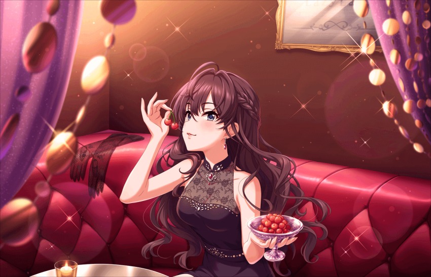 1girl :3 ahoge artist_request bare_shoulders black_dress blue_eyes breasts brown_hair candle cherry cleavage collarbone couch crazy_crazy_(idolmaster) dress earrings elbow_gloves female_focus food fruit gloves ichinose_shiki idolmaster idolmaster_cinderella_girls idolmaster_cinderella_girls_starlight_stage jewelry lace long_hair looking_at_viewer makeup medium_breasts official_art see-through_cleavage see-through_clothes sitting sleeveless sleeveless_dress smile solo table unworn_gloves wavy_hair