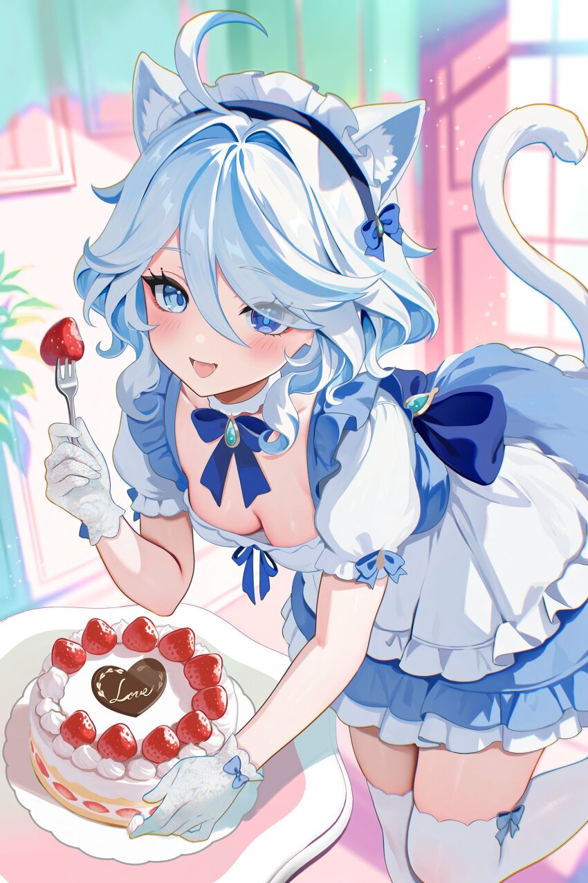 1girl absurdres alternate_costume animal_ears blue_dress blue_eyes blue_hair blush breasts cake cat_ears cat_tail collarbone dress drop-shaped_pupils eyelash_ornament food fork furina_(genshin_impact) genshin_impact gloves highres holding holding_fork leaning_forward looking_at_viewer maid_headdress multicolored_hair open_mouth puffy_short_sleeves puffy_sleeves rrr_gns_(riuriu_1212) short_hair short_sleeves small_breasts solo strawberry_shortcake streaked_hair symbol-shaped_pupils tail thighhighs wavy_hair white_gloves white_hair white_thighhighs