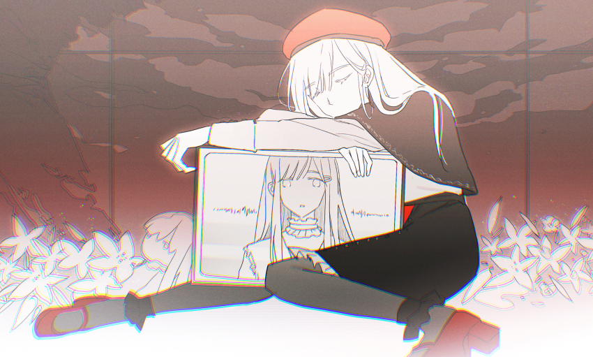 1girl bang_dream! bang_dream!_it&#039;s_mygo!!!!! beret black_capelet black_pantyhose black_skirt capelet chromatic_aberration closed_eyes commentary hat highres long_hair long_sleeves mortis_(bang_dream!) mortis_(costume)_(bang_dream!) mortis_(persona)_(bang_dream!) pantyhose parody_request red_hat red_shoes reiboubyou shirt shoes skirt wakaba_mutsumi white_hair white_shirt
