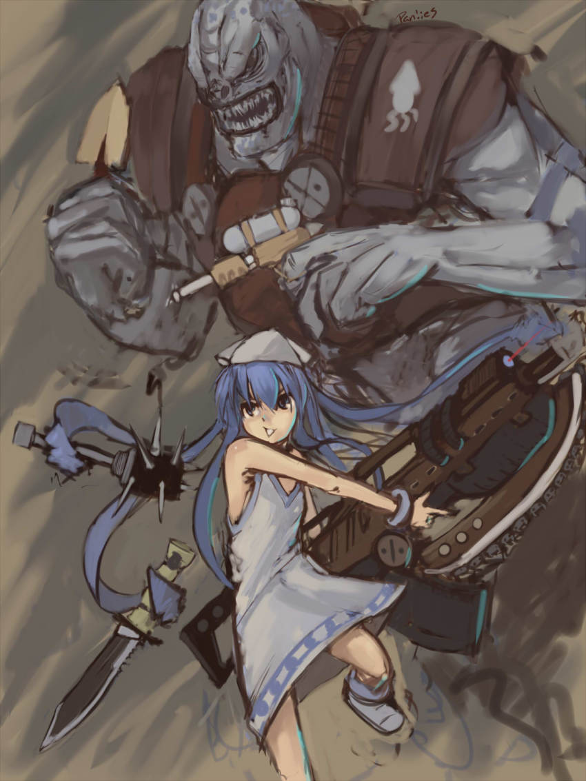 1girl animification asymmetrical_dual_wielding blue_eyes blue_hair borrowed_weapon crossover dress dual_wielding gears_of_war highres ikamusume knife lancer_(gears_of_war) locust_(gears_of_war) long_hair panties_(pantsu-pirate) shinryaku!_ikamusume signature spade tentacle_hair water_gun