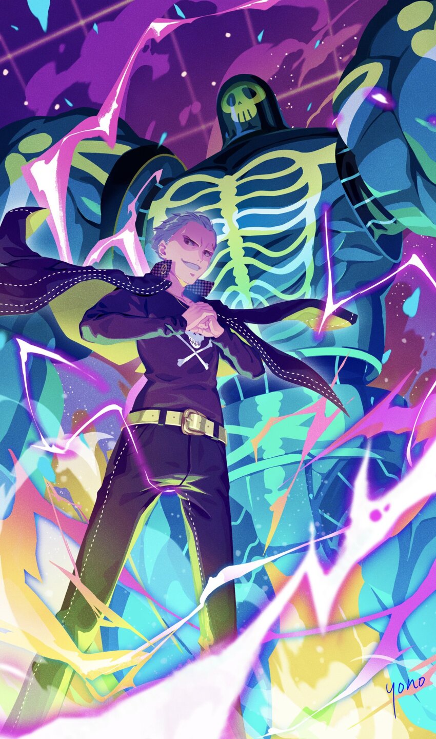 2boys belt black_jacket black_pants blonde_hair electricity fist_in_hand from_below full_body grin hair_slicked_back highres jacket jacket_on_shoulders jewelry long_sleeves looking_at_viewer male_focus multiple_boys necklace own_hands_together pants persona persona_4 print_shirt purple_lightning purple_shirt shirt skull_and_crossbones skull_print smile standing take-mikazuchi tatsumi_kanji white_belt yono_999