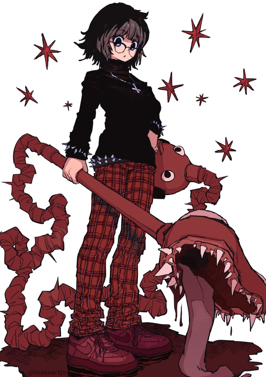 1girl black_eyes black_sweater blinky_(hunter_x_hunter) blood blood_on_ground blunt_bangs bracelet brown_hair full_body highres holding holding_weapon hunter_x_hunter inverted_cross_necklace jewelry masaartjv monster pants red_pants red_shoes semi-rimless_eyewear shizuku_murasaki shoes simple_background sneakers solo spiked_belt spiked_bracelet spikes standing standing_on_liquid sweater turtleneck turtleneck_sweater weapon white_background