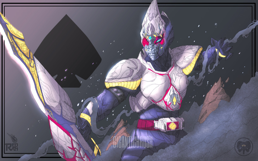 1boy absurdres armor artist_name belt blue_bodysuit bodysuit contrapposto giganticbrush helmet highres holding holding_sword holding_weapon kamen_rider kamen_rider_blade kamen_rider_blade_(series) looking_at_viewer male_focus mask open_hand red_eyes solo spade_(shape) standing sword tokusatsu weapon