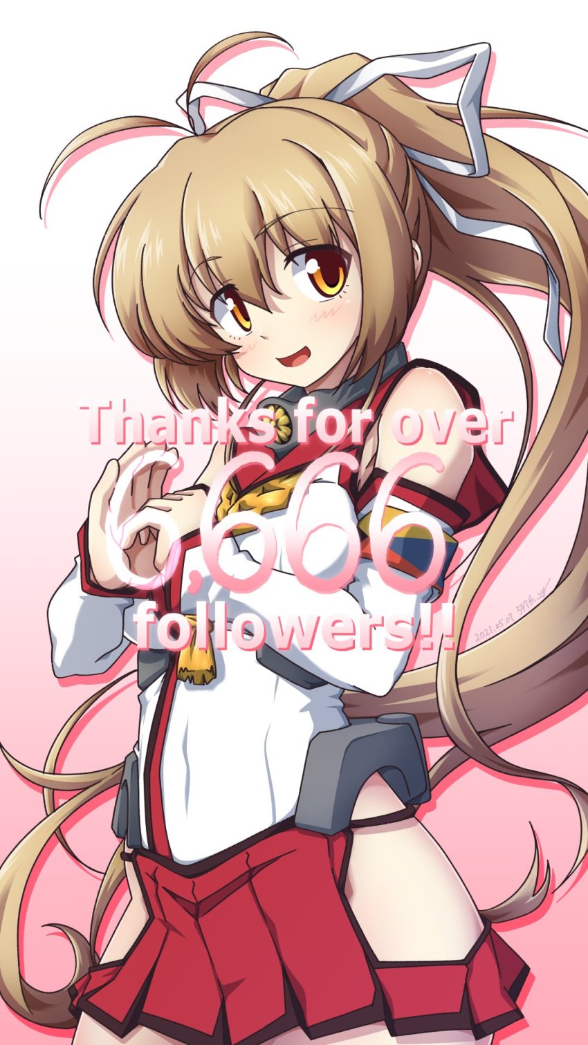 1girl 547th_sy antenna_hair blush cosplay dated detached_sleeves gradient_background hair_between_eyes hair_ribbon highres hip_vent kantai_collection katia_waldheim light_brown_hair long_hair milestone_celebration muv-luv muv-luv_alternative no_panties open_mouth pleated_skirt red_skirt ribbon schwarzesmarken simple_background skirt solo twitter_username very_long_hair yamato_(kancolle) yamato_(kancolle)_(cosplay) yellow_eyes yellow_neckwear