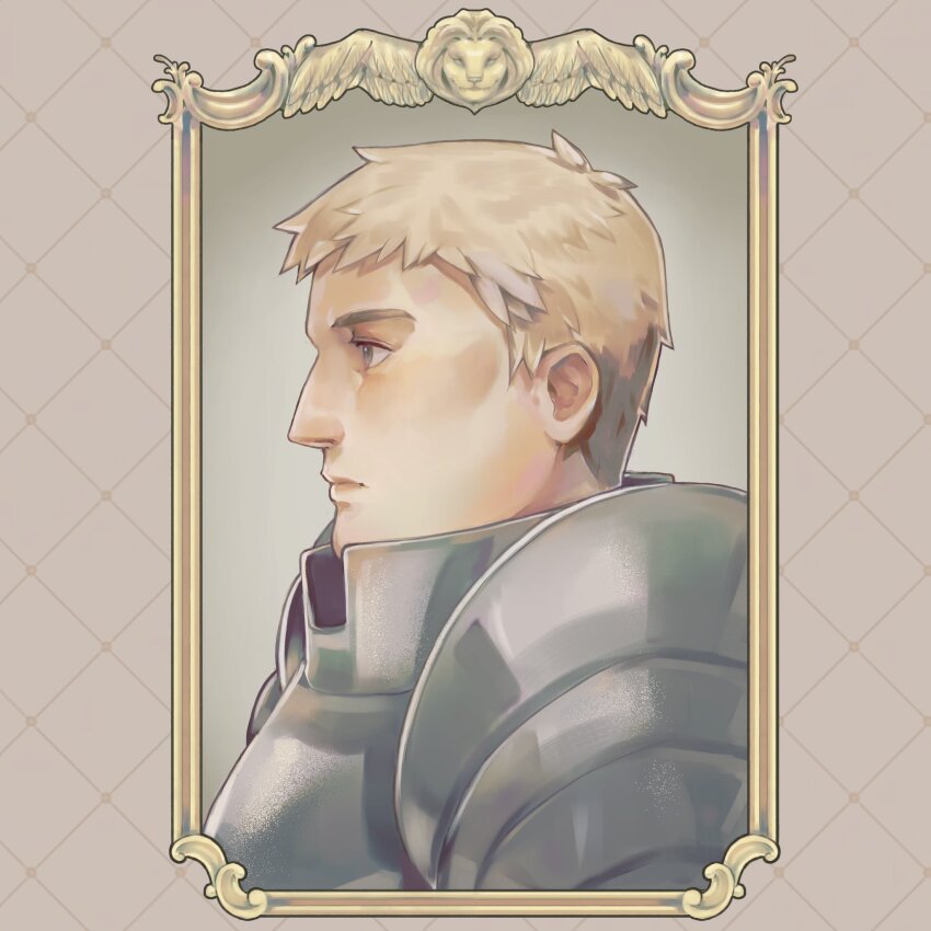1boy armor blonde_hair border brown_background closed_mouth commentary dungeon_meshi english_commentary feathered_wings from_side gorget grey_background highres jinaxxo laios_touden lion looking_ahead male_focus ornate_border pauldrons plate_armor portrait profile short_hair shoulder_armor solo winged_lion_(dungeon_meshi) wings