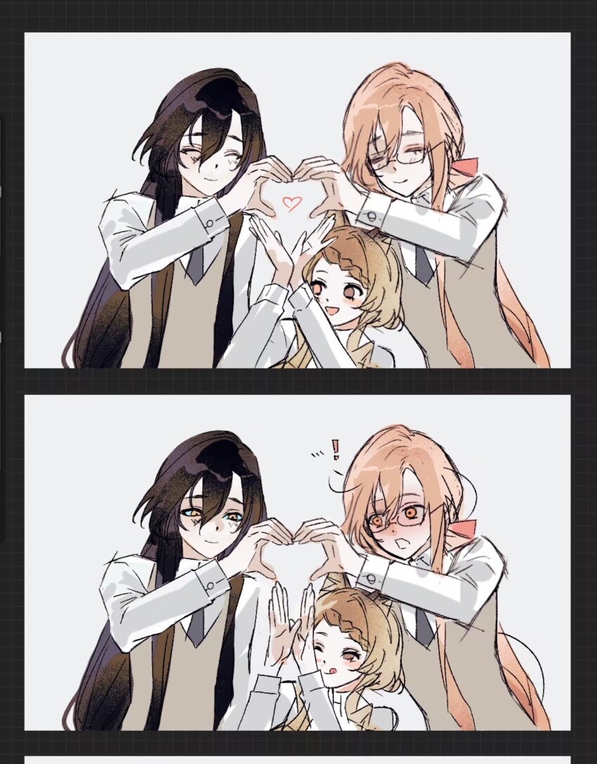 ! 1girl 2boys black_background black_hair bow braid brown_eyes brown_hair degrees_of_lewdity dual_persona freesia_quan glasses grey_background heart heart_hands heart_hands_trio hetero highres long_hair low_ponytail multiple_boys notice_lines orange_bow orange_eyes orange_hair penis_hands player_character_(degrees_of_lewdity) player_character_(female)_(degrees_of_lewdity) ponytail sydney_(degrees_of_lewdity) sydney_(male)_(degrees_of_lewdity) two-tone_background