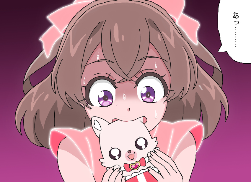1girl biting brown_hair commentary_request delicious_party_precure highres kome-kome magical_girl nagomi_yui precure purple_background purple_eyes shaded_face shideboo_(shideboh) solo sweat translation_request upper_body
