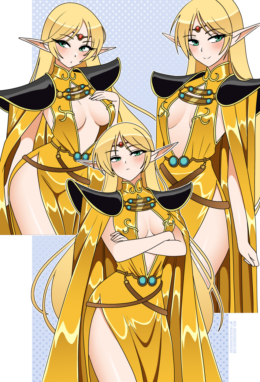 1girl absurdres alternate_costume armor blonde_hair blue_background blush border breasts cape center_opening cloak closed_mouth cropped_legs crossed_arms deedlit elf fantasy gold_cape gold_dress green_eyes highres large_breasts long_hair multiple_views nico-neko pointy_ears polka_dot polka_dot_background record_of_lodoss_war shoulder_armor smile twitter_username white_border