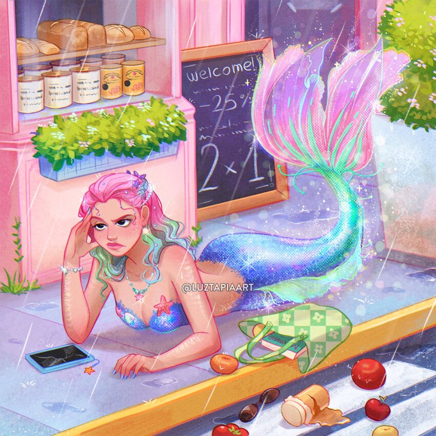 1girl apple artist_name blue_hair bracelet bread cellphone day food fruit gradient_hair green_bag green_hair highres jewelry loaf_of_bread long_hair luztapiaart lying mermaid monster_girl multicolored_hair necklace on_stomach original outdoors phone pink_hair rain sidewalk smartphone solo tomato watermark