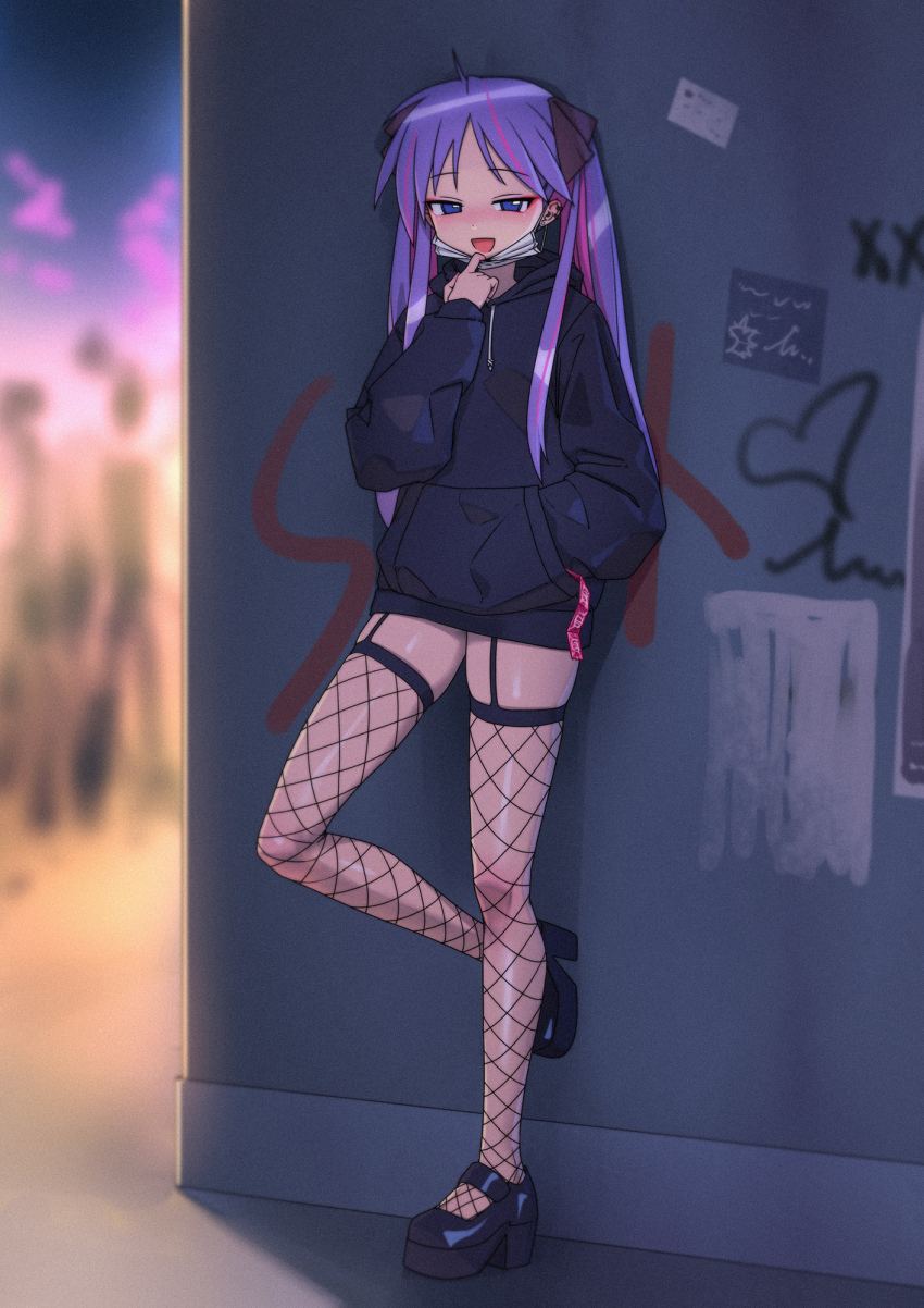 1girl against_wall black_hoodie blue_eyes condom condom_wrapper fishnet_thighhighs fishnets garter_straps highres hiiragi_kagami hood hoodie looking_at_viewer lucky_star mask mask_pull mouth_mask multicolored_hair petite pink-haired_girl_(kay_yu) platform_footwear purple_hair qingmingtongzi solo streaked_hair thighhighs twintails