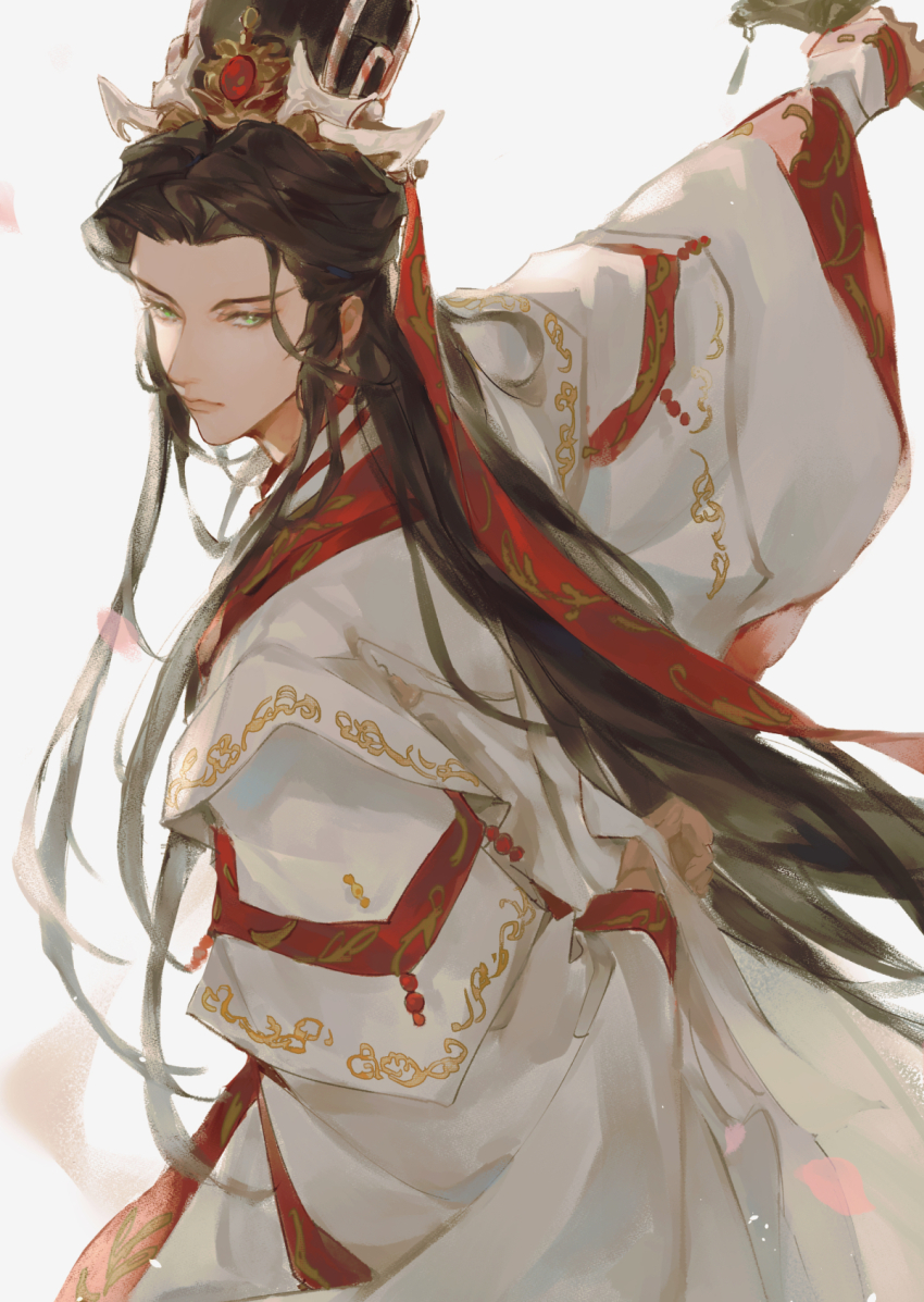 1boy black_hair chinese_clothes chinese_commentary closed_mouth dress earrings folding_fan green_eyes hair_ornament hand_fan hanfu highres holding holding_fan jewelry jinguang_budaixi long_hair long_sleeves looking_at_viewer male_focus mo_lisao outstretched_arm petals red_ribbon red_trim ribbon ribboned_xiao_guan robe simple_background solo very_long_hair white_background white_hanfu white_robe wide_sleeves xiao_guan_(headdress) zhao_yi