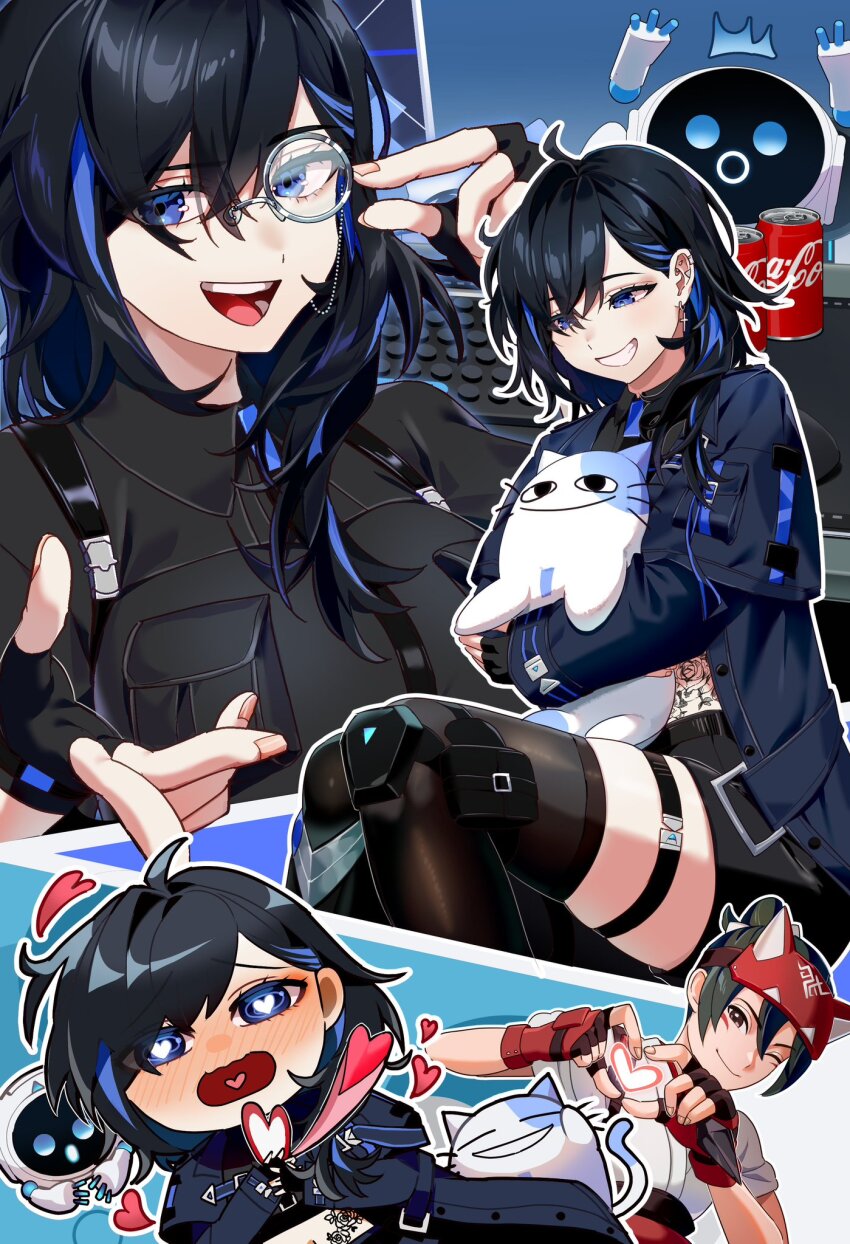2girls ahoge ama_(pixiv_50406250) ayase_yuu black_coat black_hair black_shirt black_shorts black_thighhighs blue_eyes blue_hair breast_pocket breasts bright_pupils character_request coat coca-cola collared_shirt cross cross_earrings earrings heart heart-shaped_pupils heart_in_mouth highres holding jewelry monocle multicolored_hair multiple_girls open_clothes open_coat open_mouth phase_connect pocket shirt short_hair shorts smile stomach_tattoo streaked_hair symbol-shaped_pupils tattoo thigh_strap thighhighs virtual_youtuber white_pupils