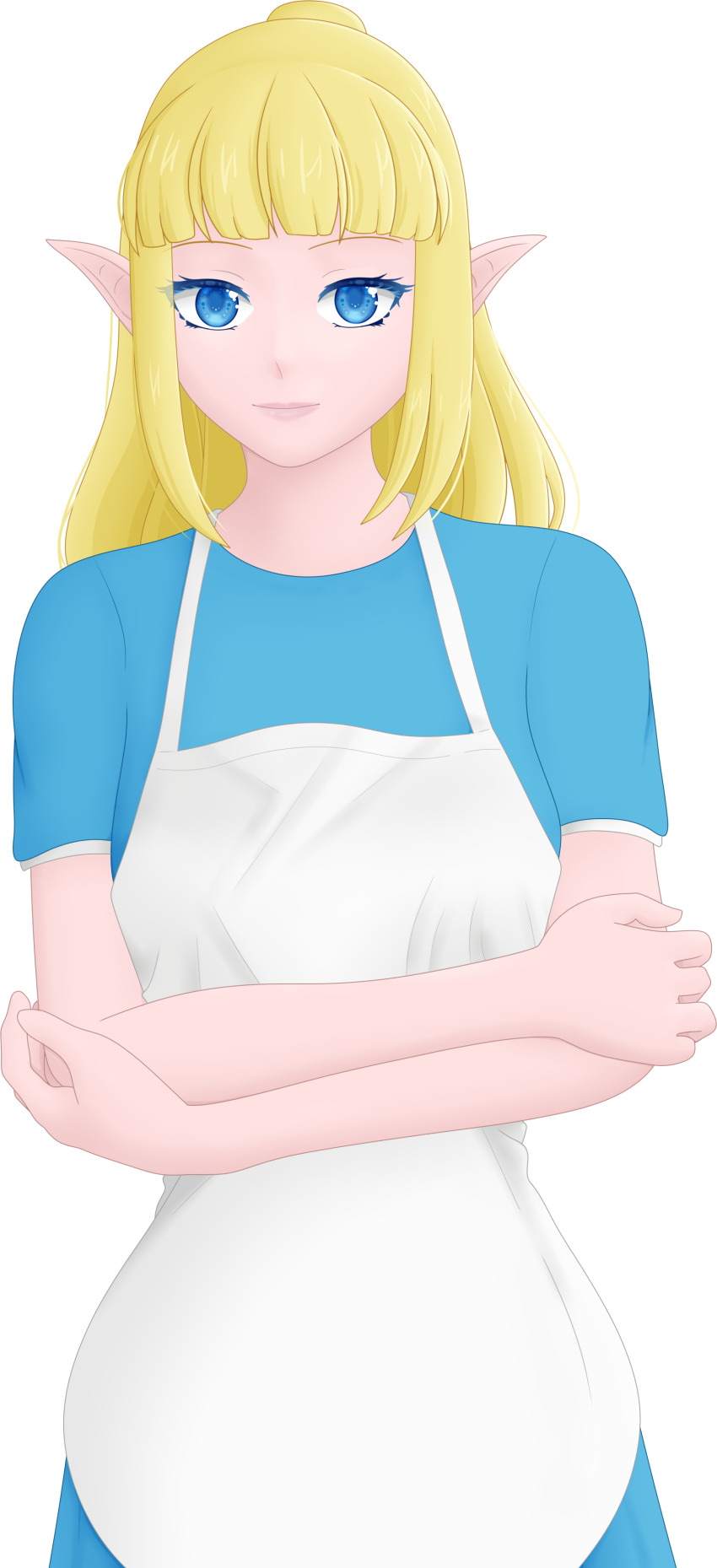 1girl absurdres apron blonde_hair blue_dress blue_eyes blue_shirt blunt_bangs breasts commission commissioner_upload crossed_arms dress elf elvavena_araline highres long_hair looking_at_viewer official_art pointy_ears ponytail selinanovalight shirt short_sleeves smile solo ways_of_darkness_(series) white_dress