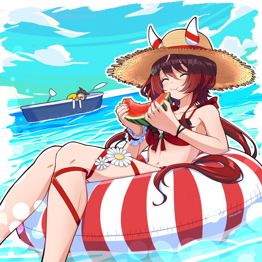 2girls absurdres animal_ears bikini blush boat breasts character_request closed_eyes closed_mouth commentary commentary_request eating hair_ornament hat highres horse_ears horse_girl innertube low_twintails mouhantain multiple_girls on_boat red_hair sky small_breasts straw_hat summer swim_ring swimsuit twintails umamusume watercraft win_variation_(umamusume)