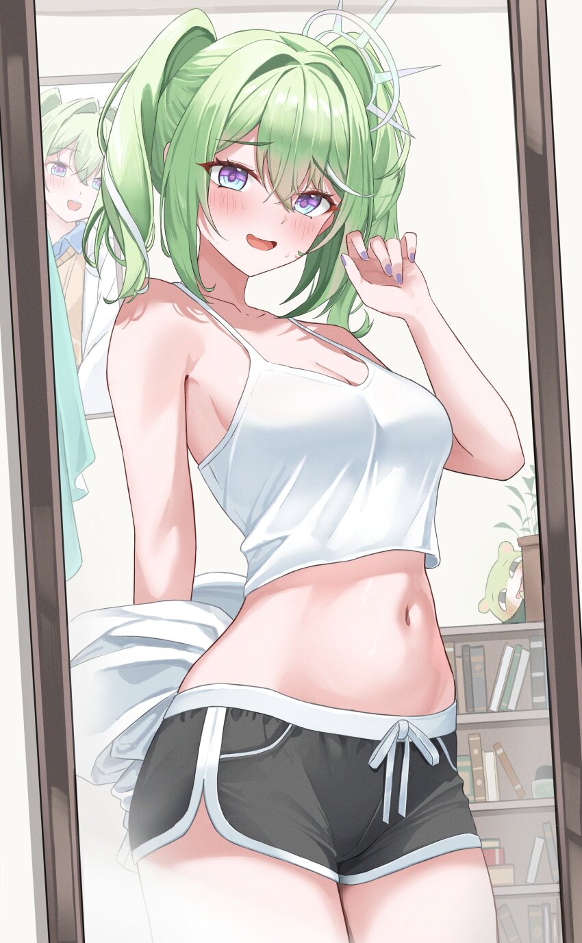 1girl absurdres bare_shoulders black_shorts breasts cleavage dolphin_shorts green_hair hair_between_eyes hair_ornament hand_up hatae0226_(hty) highres indoors looking_at_viewer medium_hair midriff mirror multicolored_hair navel nervous_smile open_mouth shorts smile solo standing stellive streaked_hair twintails virtual_youtuber yuzuha_riko