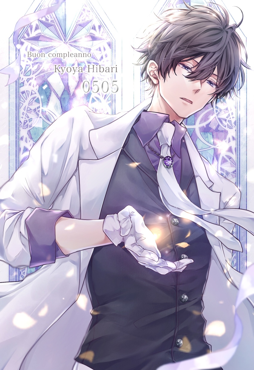 1boy black_hair black_vest blue_eyes commentary formal_clothes gloves happy_birthday hibari_kyouya highres italian_text katekyo_hitman_reborn! looking_at_viewer male_focus necktie open_mouth outstretched_hand purple_shirt rai_dh1218 shirt short_hair solo stained_glass suit vest white_gloves white_necktie white_suit