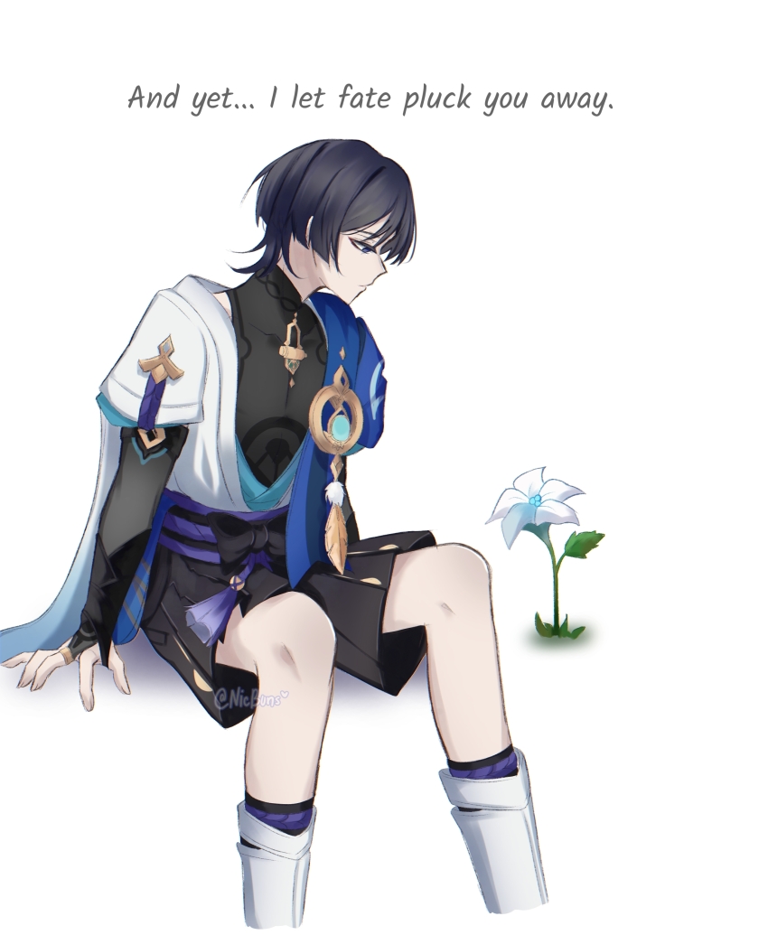 1boy absurdres arm_support armor arms_at_sides belt black_belt black_bodysuit black_bow black_bridal_gauntlets black_hair black_leggings black_shorts blue_cape blue_gemstone blue_kimono blue_sleeves blunt_ends bodysuit bow bridal_gauntlets cape closed_mouth covered_collarbone cropped_legs empty_eyes english_text eyeliner eyeshadow feathers fingernails flower furisode gem genshin_impact gold_ring gold_trim grey_flower hakama hakama_shorts highres inteyvat_flower_(genshin_impact) japanese_armor japanese_clothes juban kimono kote kurokote layered_sleeves leg_warmers leggings looking_at_object looking_down lumine_(genshin_impact) makeup male_focus mandarin_collar middle_ring multicolored_flower nicbuns objectification open_clothes open_kimono plant pleated_shorts pom_pom_(clothes) purple_eyes purple_rope purple_sash red_eyeliner red_eyeshadow rope sash scaramouche_(genshin_impact) short_sleeves shorts shoulder_peek sitting solo tassel tsurime vision_(genshin_impact) wanderer_(genshin_impact) white_background white_flower white_kimono white_leg_warmers white_sleeves white_trim yellow_feathers
