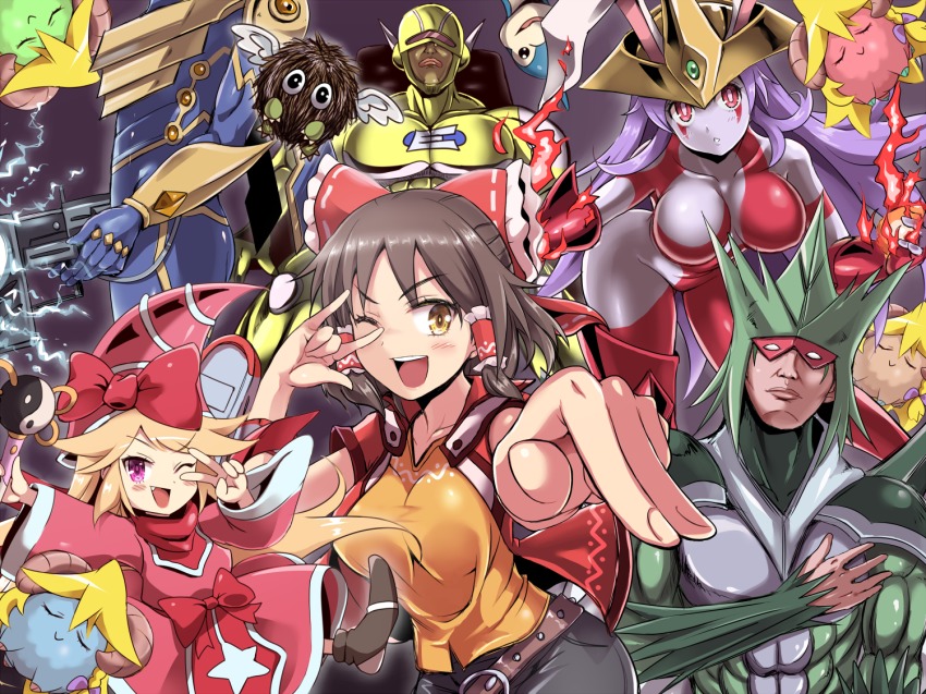 2boys 3girls animal_ears blonde_hair bow breasts brown_hair card_ejector character_request collarbone cookie_(touhou) cosplay elemental_hero_avian elemental_hero_burstinatrix elemental_hero_electrum elemental_hero_sparkman enperuto_(yarumi) hair_bow hair_tubes hakurei_reimu hisui_(cookie) kuriboh large_breasts long_hair looking_at_viewer multiple_boys multiple_girls neo-spacian_aqua_dolphin one_eye_closed pink_eyes purple_hair rabbit_ears red_bow red_eyes reisen_udongein_inaba revision sananana_(cookie) scapegoat short_hair spark_blaster touhou v yellow_eyes yu-gi-oh! yu-gi-oh!_gx yuki_judai_(cosplay) yuki_judai