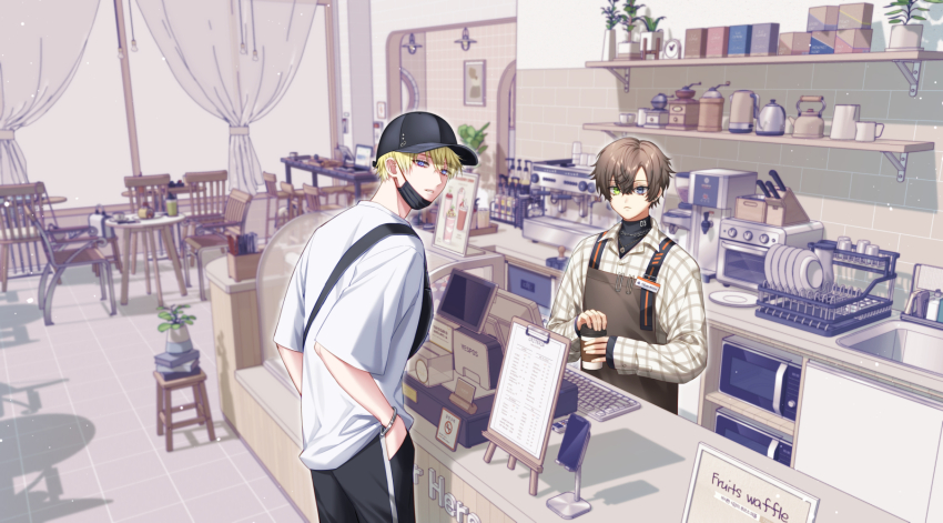 2boys alban_knox alban_knox_(2nd_costume) apron bangle baseball_cap black_headwear black_mask black_pants black_shirt black_undershirt blonde_hair book book_stack bottle box bracelet brown_apron brown_hair brown_shirt cafe cash_register cellphone chair clock closed_eyes coffee_grinder coffee_maker coffee_pot coffee_press collared_shirt commentary computer_keyboard counter crossed_bangs cup curtains dish_rack display_case disposable_coffee_cup disposable_cup donation_box ear_piercing earrings english_commentary espresso_machine expressionless fanny_pack green_eyes grey_eyes hair_between_eyes hands_in_pockets hat heterochromia highres holding holding_cup indoors jewelry kitchen_knife knife knife_block layered_sleeves light_particles long_sleeves looking_at_viewer looking_to_the_side male_focus mask mask_pull melan_melan menu microwave monitor mouth_mask multiple_boys name_tag nijisanji nijisanji_en no_smoking official_alternate_costume pants parted_bangs parted_lips phone piercing pitcher_(container) plaid_clothes plaid_shirt plant plate purple_eyes saucer shadow shelf shirt short_hair short_sleeves sign sink smartphone sonny_brisko sonny_brisko_(2nd_costume) sponge standing stool t-shirt table teacup teapot toaster_oven turtleneck undershirt vase virtual_youtuber white_shirt window