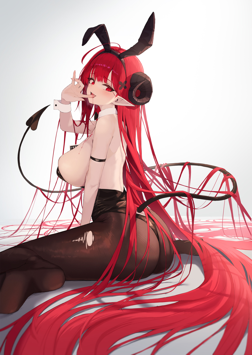 1girl animal_ear_hairband animal_ears arm_strap azur_lane backless_leotard black_horns black_leotard blood curled_horns demon_girl demon_tail detached_collar fake_animal_ears fang finger_to_mouth forward_facing_horns from_behind hair_spread_out hairband highres hindenburg_(azur_lane) hindenburg_(delirious_duel)_(azur_lane) horns leotard long_hair official_alternate_costume pantyhose playboy_bunny rabbit_ear_hairband rabbit_ears red_eyes red_hair shigma sitting strapless strapless_leotard tail torn_clothes torn_pantyhose undersized_breast_cup wariza wrist_cuffs