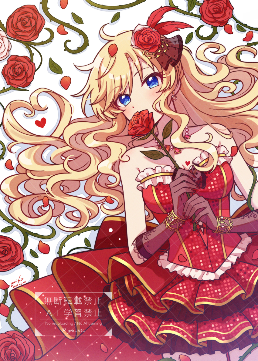 1girl absurdres blonde_hair blue_eyes blush breasts brown_gloves collarbone commentary_request covered_mouth dress flower gloves grk_11601 hair_flower hair_ornament hair_spread_out heart heart-shaped_hair highres holding holding_flower idol_clothes idolmaster idolmaster_cinderella_girls idolmaster_cinderella_girls_starlight_stage layered_dress long_hair looking_at_viewer lying medium_breasts official_alternate_costume ohtsuki_yui on_back petals red_dress red_flower red_rose rose rose_petals solo strapless strapless_dress very_long_hair watermark