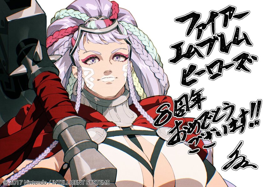 1girl anniversary blonde_hair braid breasts cape chyko cleavage fire_emblem fire_emblem_heroes grey_eyes grey_hair large_breasts looking_at_viewer multicolored_hair muscular muscular_female nintendo ponytail red_cape red_hair signature smile solo streaked_hair thjazi_(fire_emblem) white_background white_hair white_lips