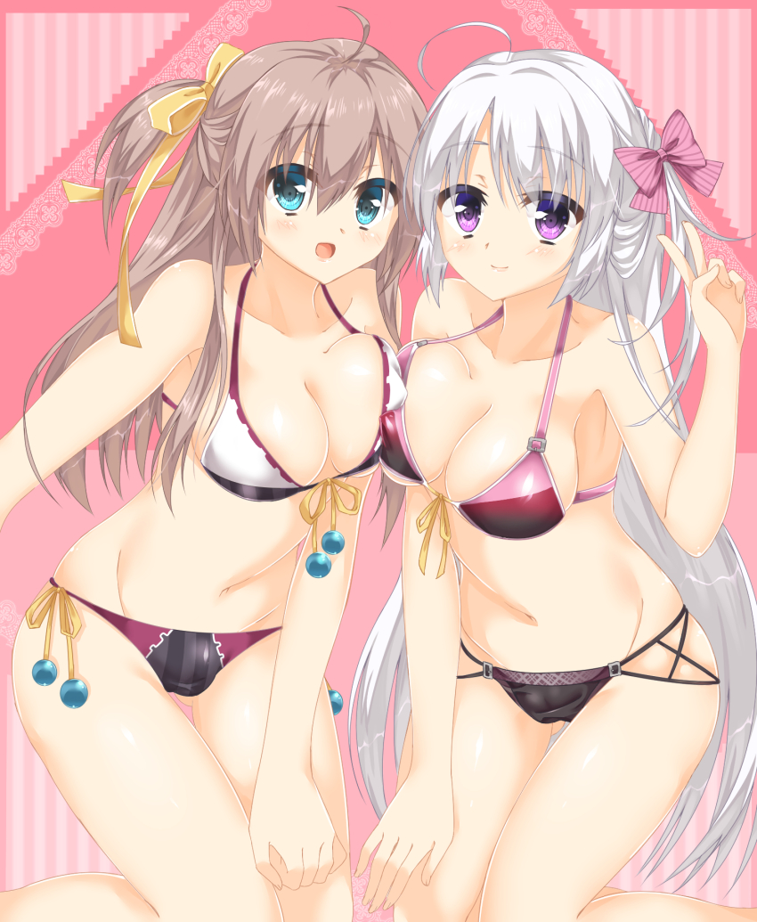 2girls :d ahoge alternate_costume alternate_hairstyle aqua_eyes ayachi_nene bare_shoulders bikini black_bikini blush bobbles bow breast_press breasts brown_hair cameltoe cleavage closed_mouth collarbone colored_eyelashes commentary_request covered_erect_nipples eyes_visible_through_hair feet_out_of_frame front-tie_bikini_top front-tie_top fuyukichi_(nikoniko1567) gluteal_fold grey_hair groin hair_between_eyes hair_bow hair_ribbon halterneck hand_on_own_thigh hand_up happy highres kneeling large_breasts long_hair looking_at_viewer multi-strapped_bikini_bottom multicolored_bikini multiple_girls navel one_side_up open_mouth pink_background pink_bow purple_eyes ribbon sanoba_witch shiiba_tsumugi side-by-side sidelocks simple_background skindentation smile stomach straight_hair swimsuit symmetrical_docking thigh_gap thighs two-tone_bikini v variant_set very_long_hair white_bikini yellow_bow yellow_ribbon