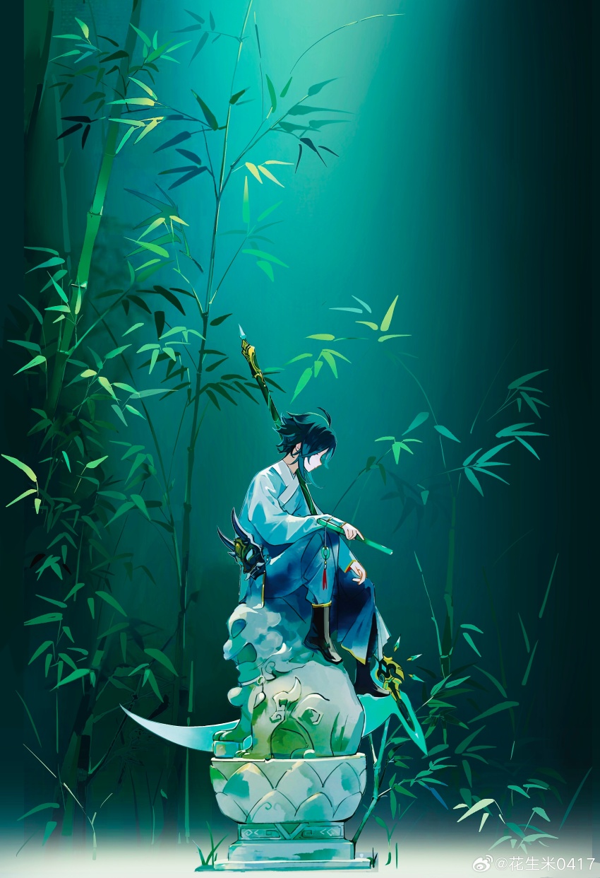 1boy absurdres ahoge alternate_costume bamboo black_footwear blue_hanfu chinese_clothes commentary_request genshin_impact green_hair hanfu highres holding_bamboo_shoot huashengmi leaf looking_down mask outdoors primordial_jade_winged-spear_(genshin_impact) sitting statue xiao_(genshin_impact)