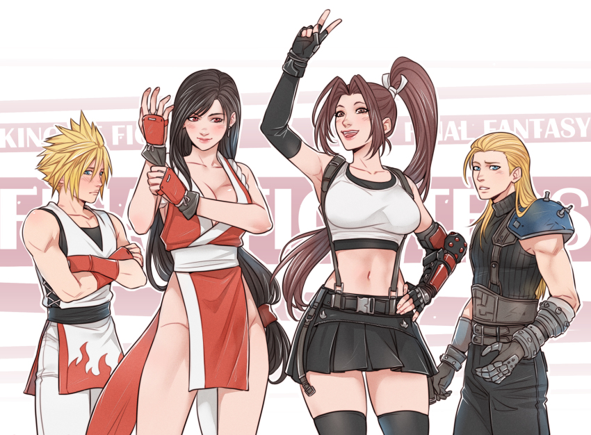 2boys 2girls adjusting_clothes adjusting_gloves andy_bogard andy_bogard_(cosplay) arm_up armor armpits bare_shoulders belt belt_buckle black_gloves black_hair black_pants black_skirt black_sports_bra black_sweater black_thighhighs blonde_hair blue_eyes blush breasts brown_eyes brown_hair buckle cleavage closed_mouth cloud_strife cloud_strife_(cosplay) collarbone commentary cosplay costume_switch cowboy_shot crop_top crossed_arms crossover crylin6 dougi elbow_gloves fatal_fury feet_out_of_frame final_fantasy final_fantasy_vii final_fantasy_vii_remake fingerless_gloves flame_print gloves hair_slicked_back hand_on_own_hip hand_up high_ponytail highres large_breasts long_hair looking_at_viewer low-tied_long_hair midriff miniskirt multiple_belts multiple_boys multiple_girls navel ninja open_mouth pants parted_bangs pelvic_curtain ponytail red_eyes revealing_clothes ribbed_sweater rope sash shiranui_mai shiranui_mai_(cosplay) short_hair shoulder_armor single_arm_guard skirt sleeveless sleeveless_turtleneck smile spiked_hair sports_bra standing suspender_skirt suspenders sweater swept_bangs tank_top the_king_of_fighters thighhighs thighs tifa_lockhart tifa_lockhart_(cosplay) turtleneck turtleneck_sweater v very_long_hair white_pants white_tank_top zettai_ryouiki