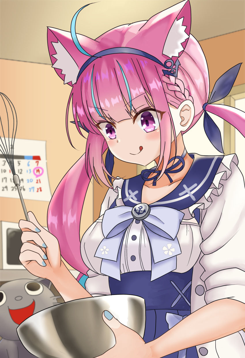 1girl absurdres ahoge anchor_hair_ornament anchor_symbol animal_ears baking blue_choker blue_hairband blue_nails blush bow breasts calendar_(object) cat_ears choker colored_inner_hair frilled_sailor_collar frills hair_ornament hairband high-waist_skirt highres hololive jacket long_hair long_sleeves looking_down minato_aqua minato_aqua_(sailor) multicolored_hair neko_(minato_aqua) official_alternate_costume pink_hair purple_eyes ribbon_choker sailor_collar school_uniform simple_background skirt smile solo tongue tongue_out two-tone_hair valentine virtual_youtuber yuku0307