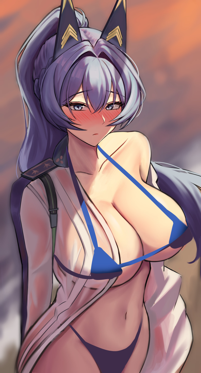 1girl absurdres bare_shoulders bikini blue_bikini blue_eyes blue_hair blush bodam braid breasts collarbone goddess_of_victory:_nikke hair_intakes headgear helm_(aqua_marine)_(nikke) helm_(nikke) highres large_breasts long_hair midriff navel off-shoulder_shirt off_shoulder official_alternate_costume open_clothes open_shirt ponytail see-through_clothes see-through_shirt shirt sket sketch solo swimsuit unfinished wet wet_clothes wet_shirt white_shirt