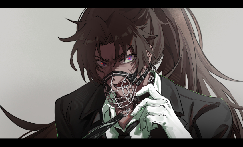 1boy black_choker black_jacket black_necktie brown_hair choker collared_shirt commentary full-stop_office_(identity)_(project_moon) gloves heathcliff_(project_moon) high_ponytail highres jacket kiscript lapels leash letterboxed limbus_company long_hair muzzle_(mask) necktie notched_lapels o-ring o-ring_choker ponytail project_moon shirt simple_background solo symbol-only_commentary very_long_hair viewer_holding_leash white_background white_gloves white_hair