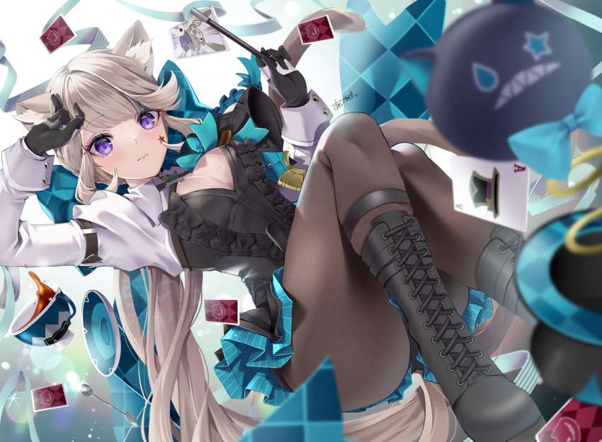 1girl akatsuki_hijiri animal_ears black_capelet black_dress black_gloves blush boots bow breasts brown_pantyhose capelet cat_ears cat_girl cat_tail cleavage_cutout clothing_cutout collared_dress dress facial_mark genshin_impact gloves green_bow green_skirt grey_hair hat highres long_hair looking_at_viewer lynette_(genshin_impact) medium_breasts pantyhose ponytail purple_eyes sidelocks skirt solo star_(symbol) star_facial_mark tail top_hat two-tone_gloves white_gloves white_sleeves