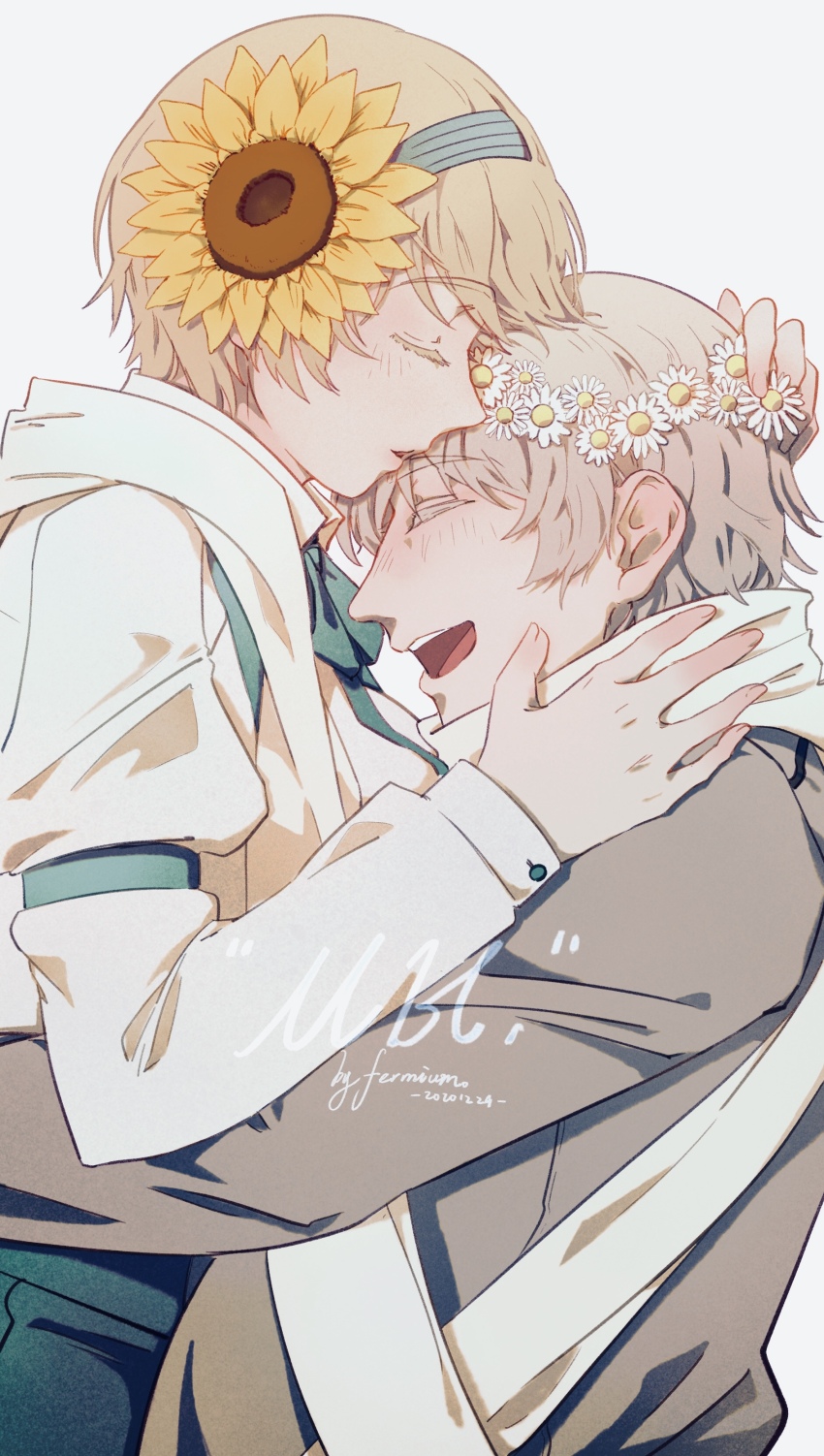 1boy 1girl absurdres affectionate artist_name axis_powers_hetalia blonde_hair blue_bow blue_bowtie blue_pants blush bow bowtie breasts closed_eyes coat dated facing_another fermium.ice flower flower_wreath grey_coat grey_hair hair_flower hair_ornament hairband happy head_wreath hetero highres hug kiss kissing_forehead large_breasts long_sleeves open_mouth pants profile russia_(hetalia) scarf shirt short_hair signature simple_background sunflower ukraine_(hetalia) upper_body white_background white_scarf white_shirt