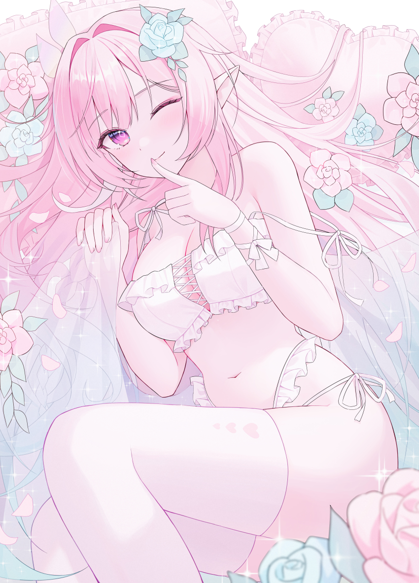 1girl absurdres bare_shoulders blue_flower blue_rose bra breasts cleavage closed_mouth commentary_request cross-laced_bra cyrene_(honkai:_star_rail) cyrene_(ripples_of_past_reverie)_(honkai:_star_rail) diamond-shaped_pupils diamond_(shape) finger_to_mouth fingernails flower frilled_bra frilled_panties frills hair_flower hair_intakes hair_ornament hair_spread_out hands_up highres honkai:_star_rail honkai_(series) index_finger_raised large_breasts long_hair looking_at_viewer lying multi-strapped_panties nail_polish navel on_side panties partial_commentary pillow pink_hair pink_nails pointy_ears purple_eyes rose shushing side-tie_panties sidelocks smile solo stomach strap_slip symbol-shaped_pupils thighhighs thighs underwear underwear_only very_long_hair white_bra white_panties white_thighhighs yagen_(user_mxur3238)