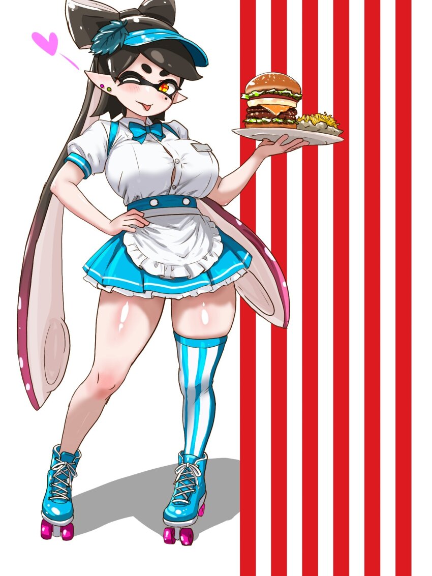 +_+ 1girl ;p apron blush breasts burger callie_(splatoon) earrings fries highres jewelry large_breasts nintendo one_eye_closed plate pointy_ears roller_skates short_sleeves single_sock skates skirt socks splatoon_(series) t2ukmyjm tentacle_hair tongue tongue_out twintails waitress