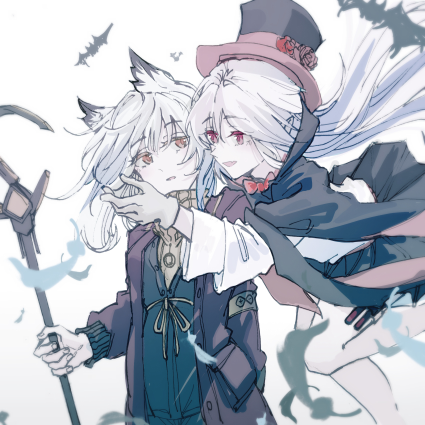 2girls absurdres arknights blush bow bowtie cloak e-fa-dorn fang feather_hair gloves hat highres long_hair long_sleeves looking_at_another multiple_girls official_alternate_costume orange_eyes pale_skin parted_lips ptilopsis_(arknights) ptilopsis_(serenity)_(arknights) red_eyes shorts staff top_hat turtleneck vampire warfarin_(arknights) warfarin_(the_feast)_(arknights) yuri