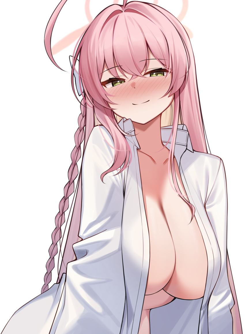 1girl absurdres ahoge blue_archive blush breasts collarbone commentary green_eyes halo hanako_(blue_archive) highres huge_ahoge huge_breasts korean_commentary long_braid long_hair looking_at_viewer nose_blush open_clothes open_shirt pink_hair shirt simple_background smile solo straight_hair upper_body very_long_hair white_background white_shirt ziro_(zirorong)