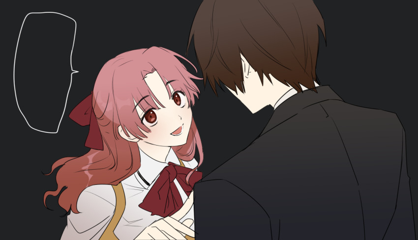 1103sns 1boy 1girl black_background black_suit blank_speech_bubble brown_hair collared_shirt curtained_hair formal_clothes hair_ribbon hand_up hitomi_hirosuke_(sayonara_wo_oshiete) long_hair looking_at_another neck_ribbon open_mouth pink_hair poking red_eyes red_ribbon ribbon sayonara_wo_oshiete school_uniform shirt short_hair simple_background smile speech_bubble suit ueno_koyori upper_body white_shirt