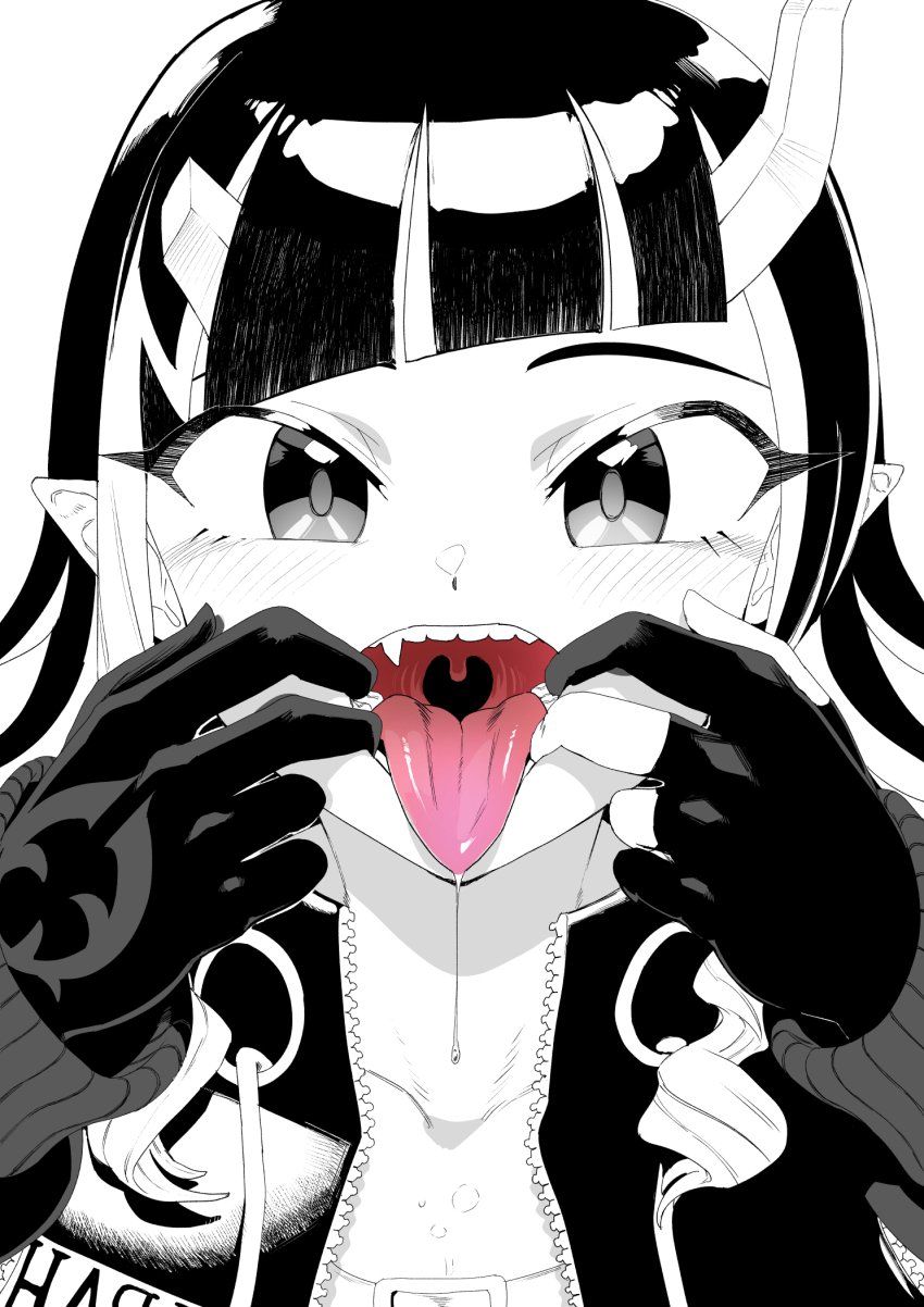 1girl asymmetrical_gloves blunt_bangs blush buren commentary_request demon_girl demon_horns fang finger_in_own_mouth gloves greyscale highres horns jacket looking_at_viewer monochrome multicolored_hair nanashi_inc. open_mouth partially_fingerless_gloves pointy_ears shishio_chris shishio_chris_(1st_costume) simple_background solo spot_color teeth tongue tongue_out two-tone_hair upper_body uvula virtual_youtuber