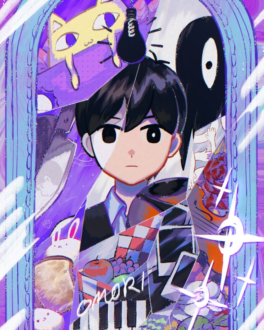 1boy antenna_hair big_yellow_cat_(omori) black_eyes black_hair black_sweater_vest bright_pupils collared_shirt colored_skin copyright_name dual_persona expressionless forest_bunny_(omori) genk1zam4s highres knife looking_at_mirror mirror omori omori_(omori) photo_(object) picnic_basket shirt short_hair solo something_(omori) sunny_(omori) sweater_vest white_pupils white_shirt white_skin